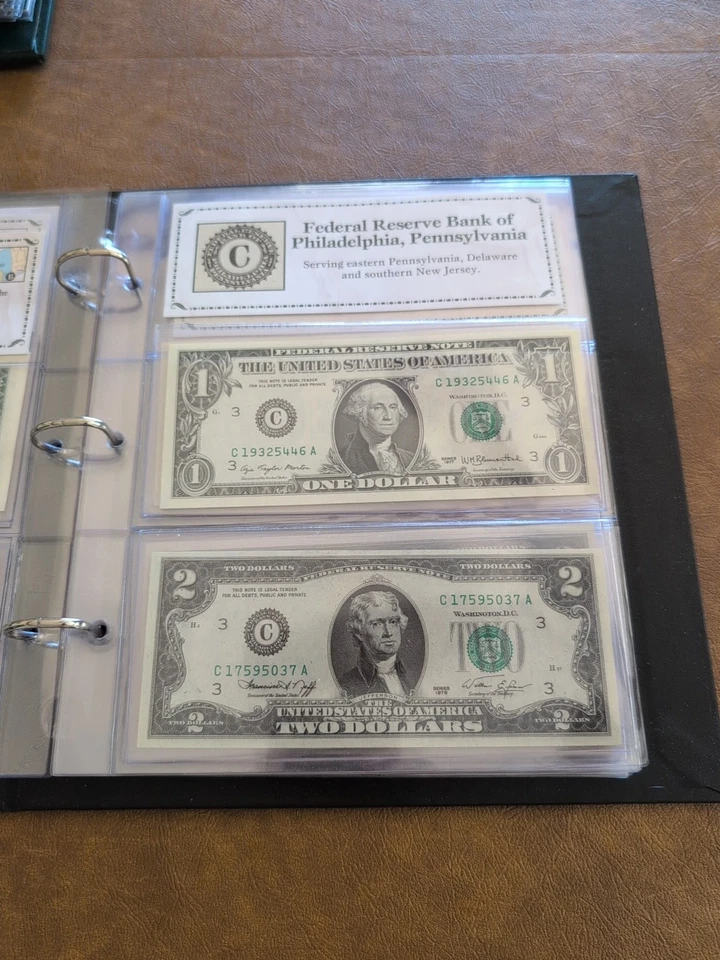 1976 Two Dollar Bills $2 COMPLETE DISTRICT SET 12 A-L UNCIRCULATED & $1 Bill Set - Image 4 of 4