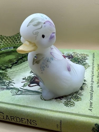 Fenton Hand Painted Glass Duck Figurine Floral Decorative Signed J.D. Wright