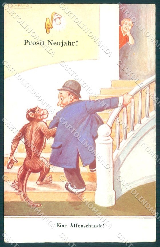 Cartolina cartolina firmata artista capodanno scimmia uomo signora WSSB 7507 TW1897