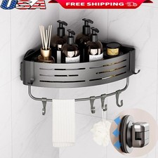 Corner Shower Caddy Suction Cup No Drill Organizer W/Hooks Bathroom Storage Grey
