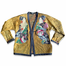 Vintage Japanese Geisha Applique Silk Haori Kimono Jacket Quilted Robe EUC