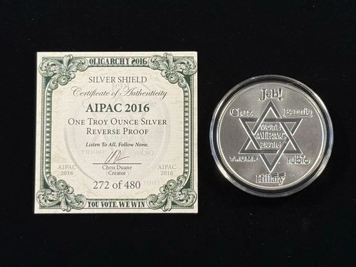 2016 Silver Shield AIPAC 1oz .999 Reverse Proof W/COA - NO BOX - Item #597