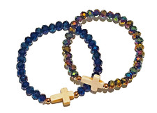 Navy Blue AB Crystal Cross Bracelet Set Christian Faith Stretch Jewelry Gift