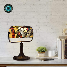 Tiffany Style Bankers Lamp-Stained Glass Butterfly Design Table or Desk Light LE