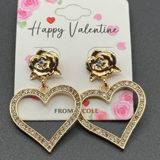 Gold Tone Rose Heart Dangle Earrings Rhinestone Sparkle Valentine's Day