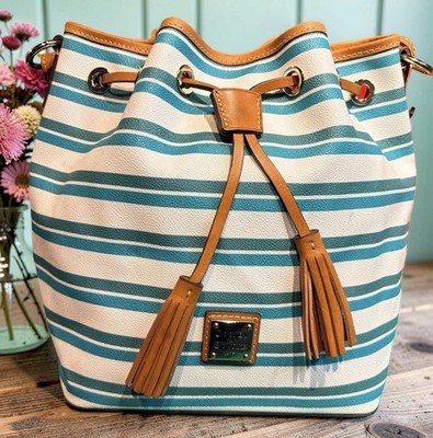 Dooney Bourke Stonington Stripes Mint Spearmint White Drawstring Bucket Bag