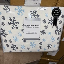 QUEEN Flannel Sheet Set 100% Cotton Cozy, ULTRA Soft SNOW FLAKE OEKO TEX STD 100