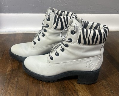 Women s Timberland Kinsley Boots White Leather W/ Zebra Cuff Size 9 Waterproof
