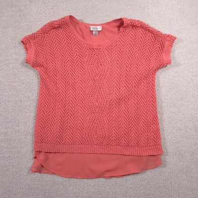 Christopher & Banks Shirt Womens Large Coral Crochet Knit Overlay Chiffon Hem