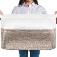 JOJOSEE Large Storage Basket, Blanket Basket for Clothes 1 Pack, White&brown 