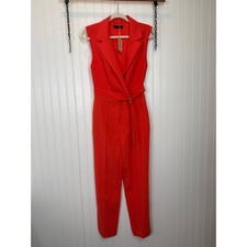 NWT MANGO Red - Coral Belt Wrap Jumpsuit Sleeveless Notched Lapel Size XS