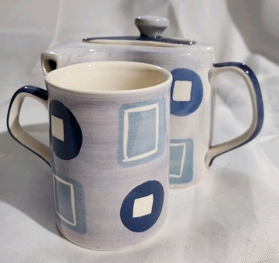 Vintage Herman Dodge & Sons Hand Painted Teapot & Cup Set Blue Geometric Pattern