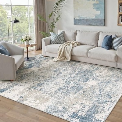 Blue 5x7 Area Rug Washable Modern Abstract Living Room Carpet Non Slip Neutral 