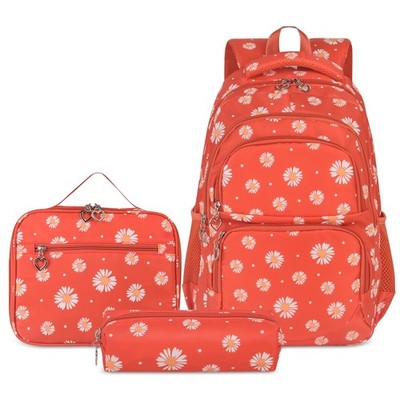 3 PCS Daisy Printed Backpack Lightweight Bookbag With Lunch Pack Pencil Case