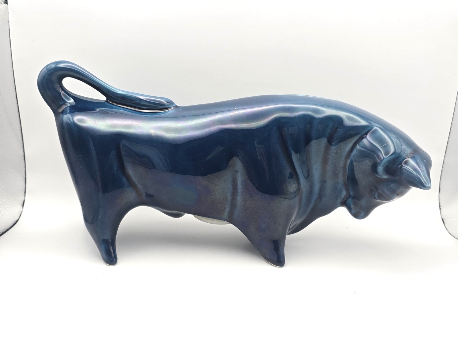 Vintage Trentham studio pottery blue bull money box - petrol blue / teal large