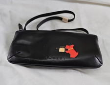 Radley Black Leather Wristlet Clutch Zip Scottie Dog Applique Red Lined