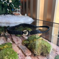 CHANEL CC Black Ruched Leather Enamel Interlocking Belt SZ85/34