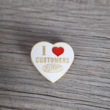 Vintage DuPont I ❤️ Customers Pin Back Heart Shaped Metal Corporate Badge VTG