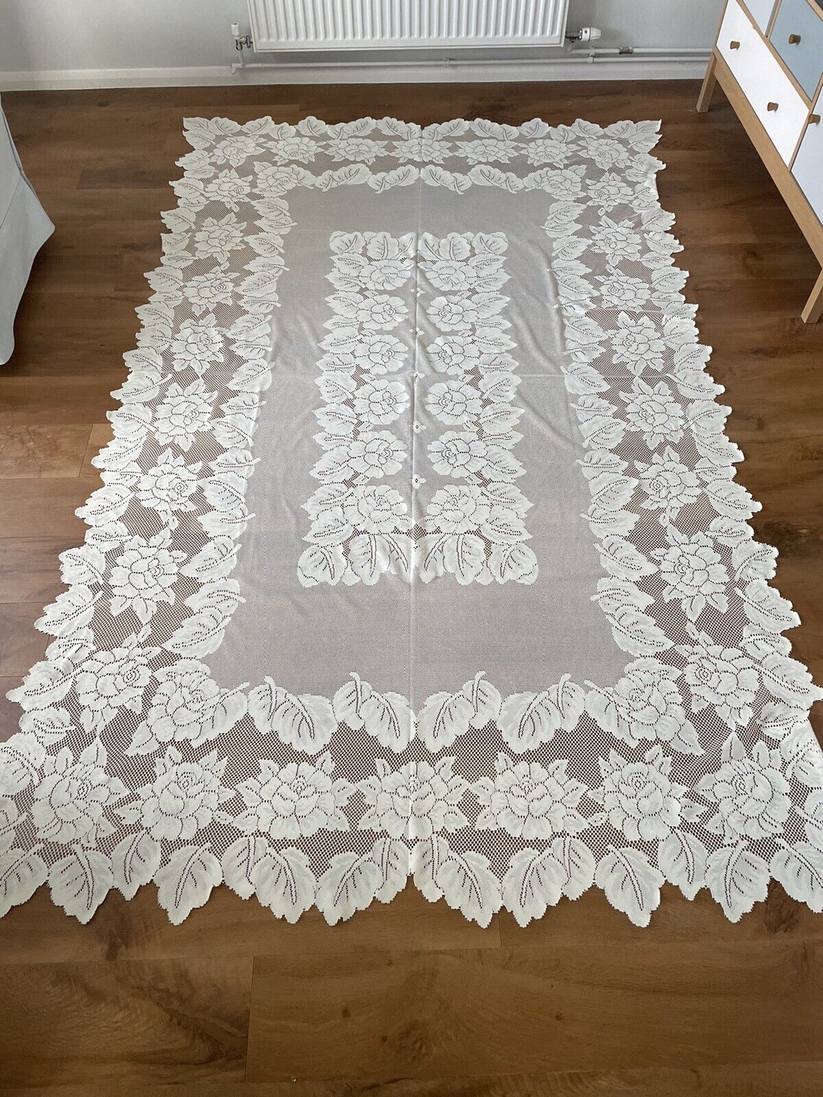 Net lace banquet table cloth 260cmc160 antique vtg flowers victorian Lace (1