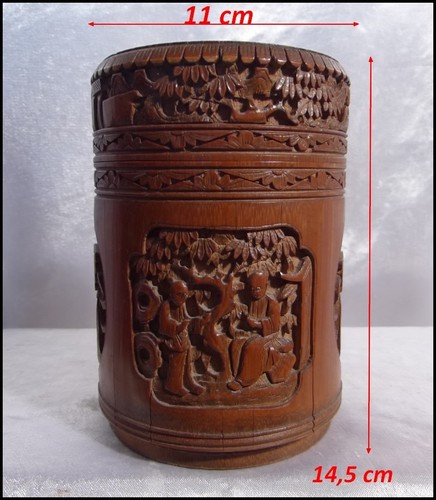 Chine Ancienne Impériale vers1850 Pot Couvert en Bambou sculpté de Divinités 19e - Picture 1 of 12