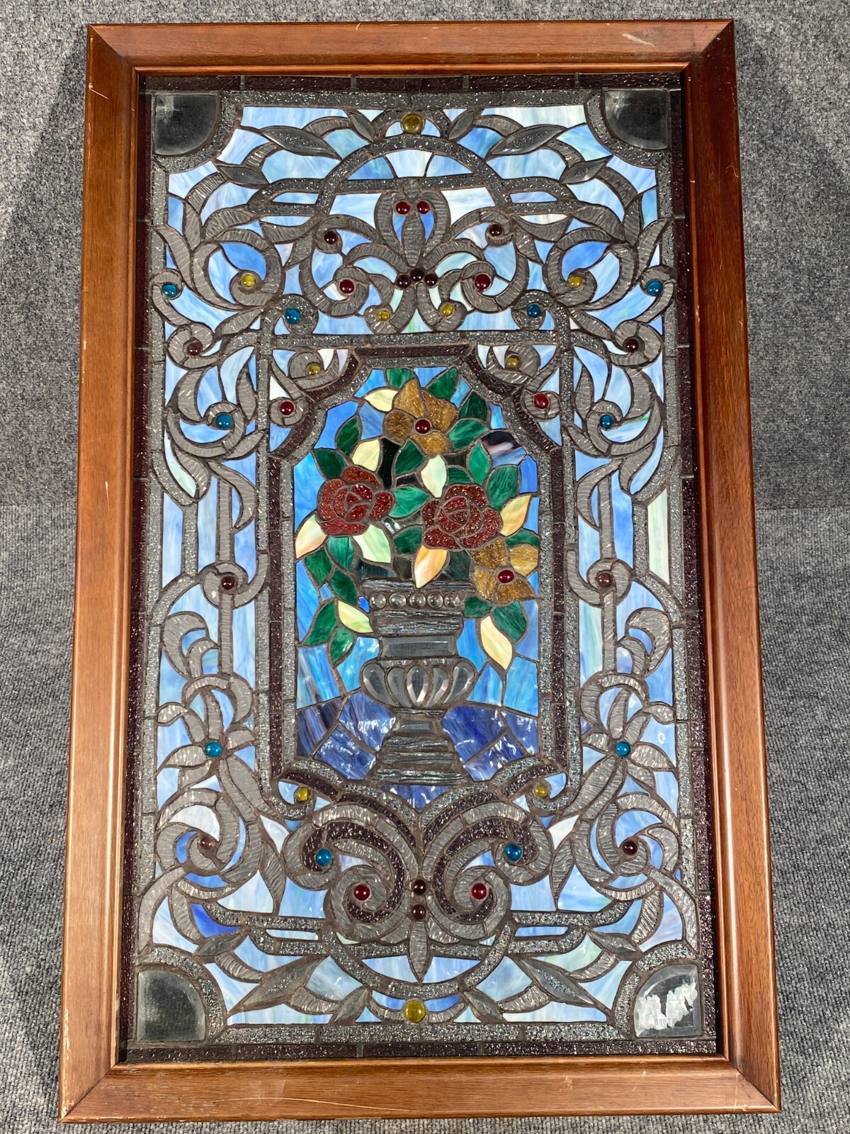 VINTAGE LARGE STAINED GLASS TALL Flower  38" x 23" ~ Framed