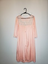 VTG Vanity Fair Womens L Robe Pink Lacy Button Up Feminine Elegant Knee Length