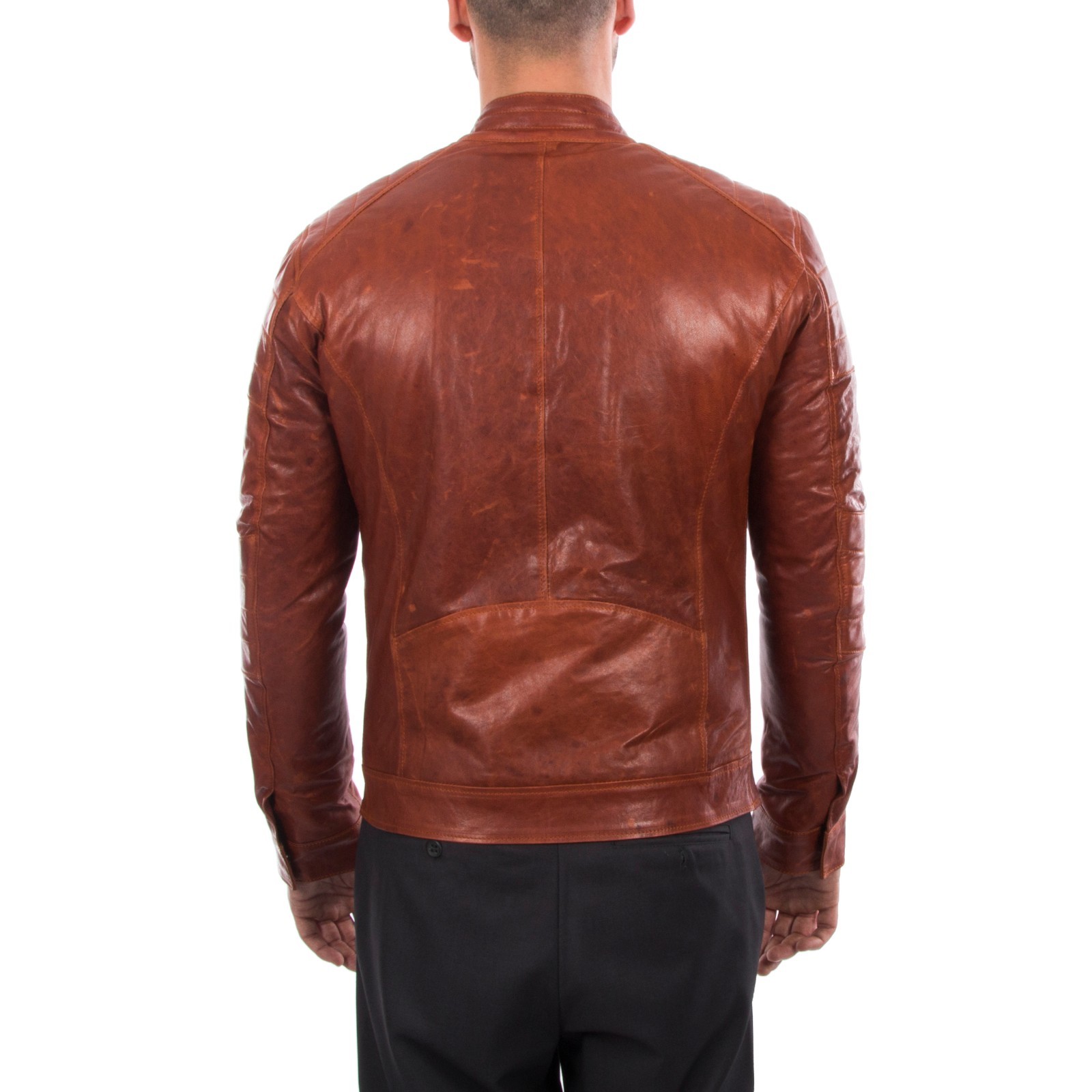 ITALIAN HANDMADE MEN GENUINE LAMB LEATHER JACKET SLIM FIT COGNAC BROWN ANTIQUED image 5