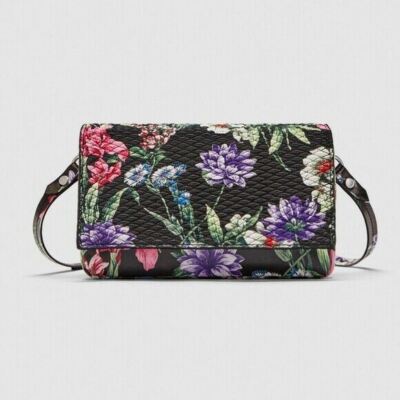 ZARA Black Floral Mini Quilted Flap Crossbody Faux Leather Purse BRAND NEW