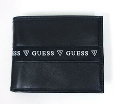 NEW GUESS BLACK LEATHERETTE,WHITE CANVAS LOGO,MEN'S RFID BIFOLD WALLET