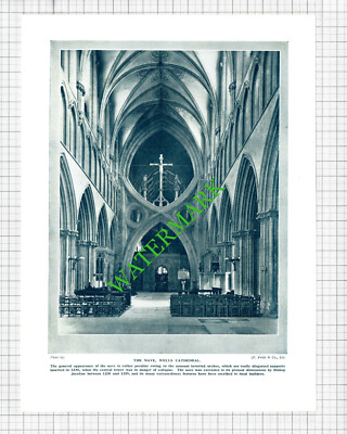Wells Cathedral Nave / Map of Somerset Somersetshire - 1920's Cutting / Print