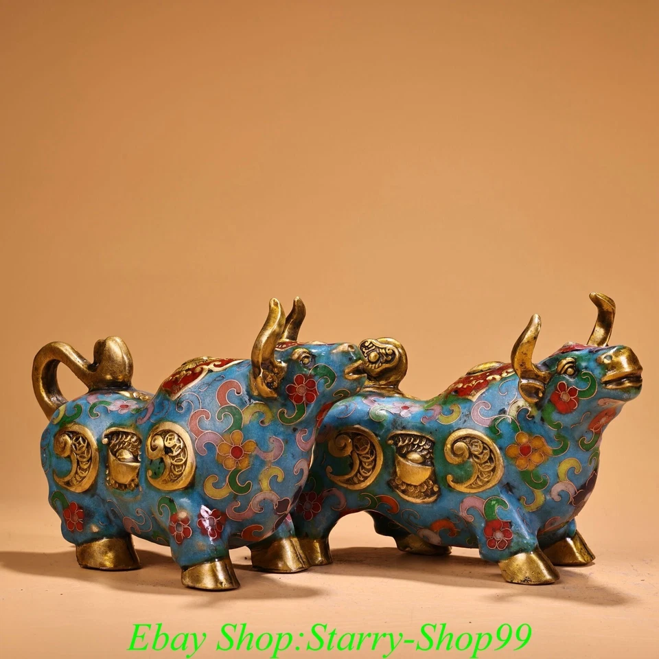 6" Antiguo China Cloisonne Bronce Dorado Fengshui Riqueza Niu Vaca Buey Animal Estatua Par Foto 2 de 4