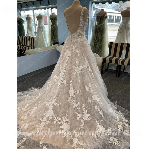 Bohemian Lace Appliques Wedding Dresses Backless A Line Straps Bridal Gowns - Picture 3 of 10