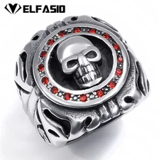Men's Gothic Red Cubic Zirconia Skull 316L Stainless Steel Biker Ring