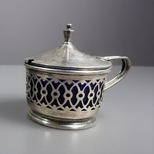 Vintage Webster Sterling Silver Cobalt Glass Insert  Mustard or Jam Jar