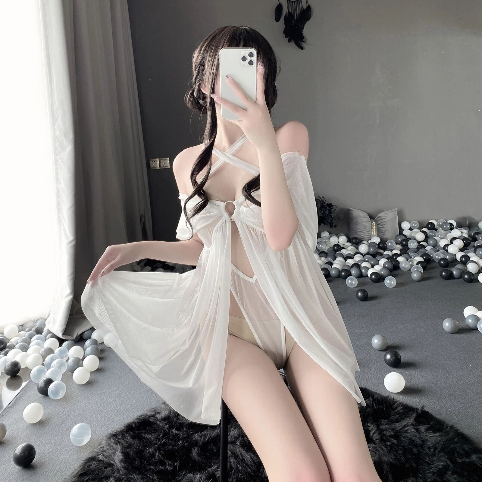 Sexy Lingerie Translucent Solid Color Sweet Dress Suit Thong For Women