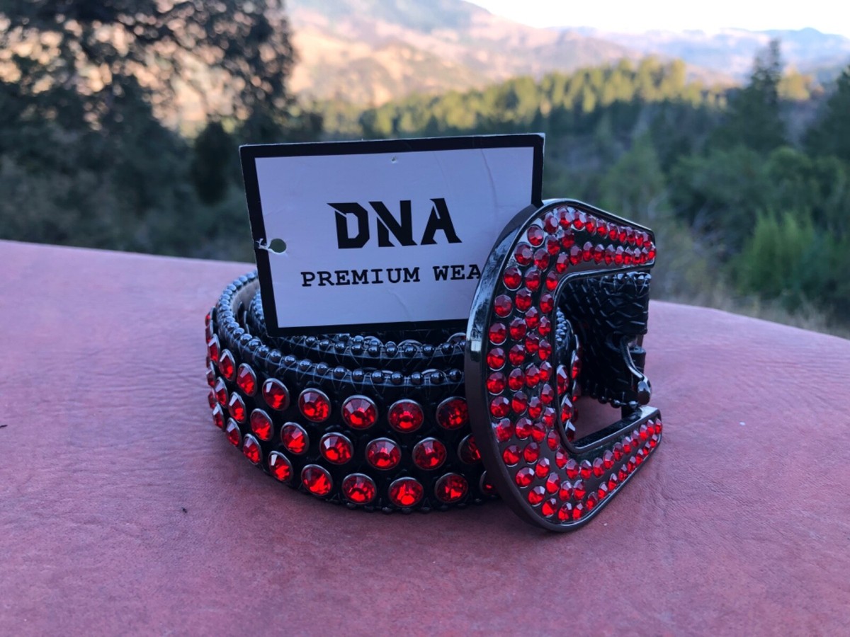 DNA PREMIUM WEAR WESTERN BELT RED BLACK RHINESTONE SILVER & GLITTER ACCENTS 43\