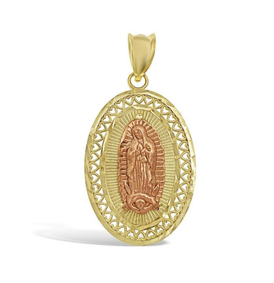 Virgin Mary Pendant 10k Yellow Rose Gold Lady Guadalupe Charm 1.25 inch