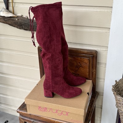 Sugar Sgr-Ollie Boots Women s 7M Burgundy Over Knee Faux Suede Block Heel New  