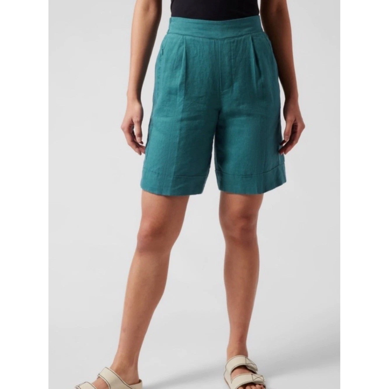 Athleta Womens 100% Linen Playa Bermuda Shorts High Waist Teal Blue Green 8