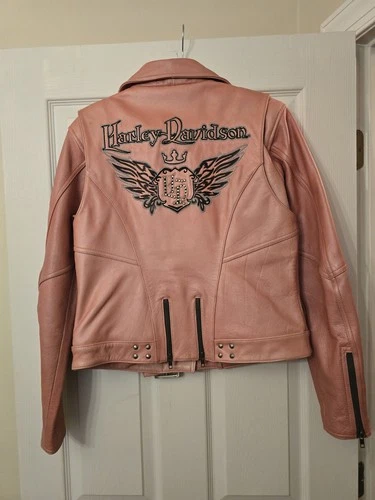 Harley Davidson Pink Leather Moto Jacket Cycle Queen Sz L - product listing photo