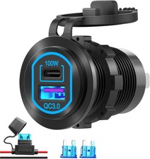 12V USB Outlet PD 100W USB C and QC3.0 18W Port Aluminum Car Charger Socket