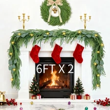 Norfolk Pine Garland with Lights, 6 Ft Faux Garlands with Eucalyptus Leaves C...