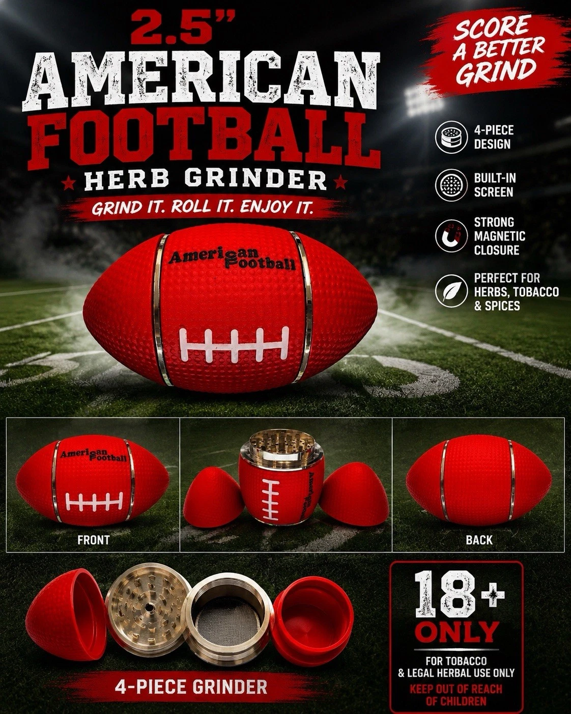 🏈 2.5” American Football Shaped Tobacco Herb & Spice Grinder🔥Red🔥4 Piece 🏈