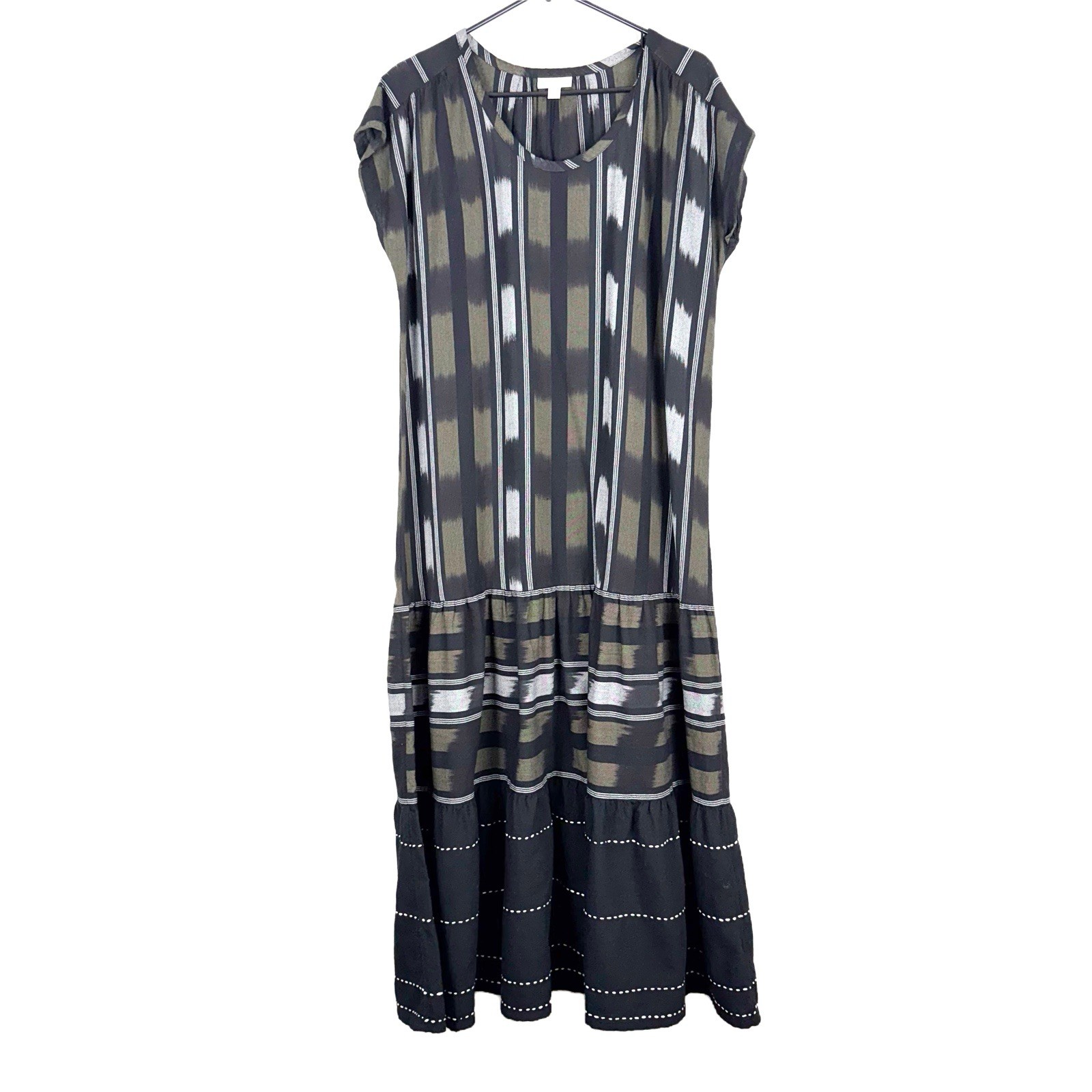 Pure Jill Women's Ikat Boho Tiered Maxi Dress Size L Black Multi
