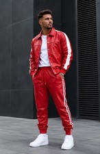 Men Lambskin Leather Track Suit Sweat suit Men Jogging Tracksuit Red/White