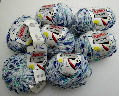 Lot of SEVEN Katia PICNIC Yarn 50 gr. Blue White Multi New Discontinued