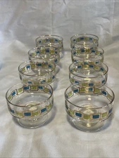 8 Vtg MCM Libby Nordic Geometric Design Footed Sherbet Dessert Dish Gold Trim