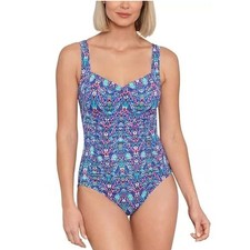 Swim Solutions Shirred Tummy Control One Piece Size 10 Blue Chevron Stripe New