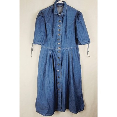 Vintage Julius Lang blue denim puff sleeve button up shirt dress XL Western Boho