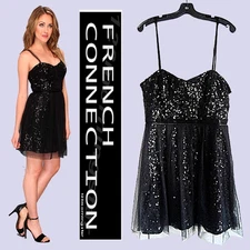 FRENCH CONNECTION NEW Glam Sequin/Tulle Sweetheart Strap Neck Fit & Flare Dress